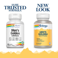 SOLARAY Men's Golden Multi-Vitamin capsules closeup highlighting quality and formulation for balanced nutrition.