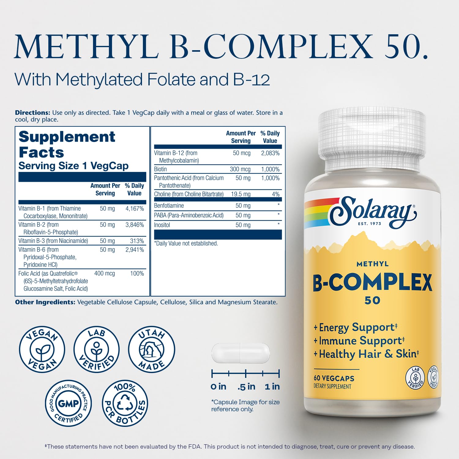 Close-up of SOLARAY Methyl B Complex capsules highlighting methylcobalamin B12.