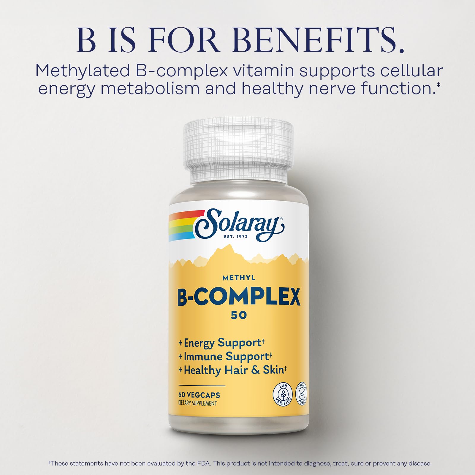 SOLARAY Methyl B Complex label showing B vitamins to support daily metabolism.