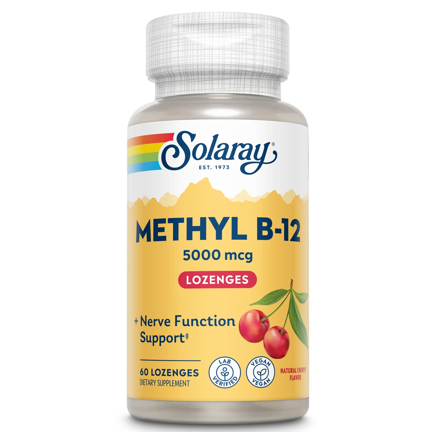 Solaray Methyl B12 lozenge cherry bottle for convenient daily use with a pleasant taste.