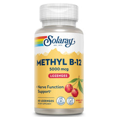 Solaray Methyl B12 lozenge cherry bottle for convenient daily use with a pleasant taste.