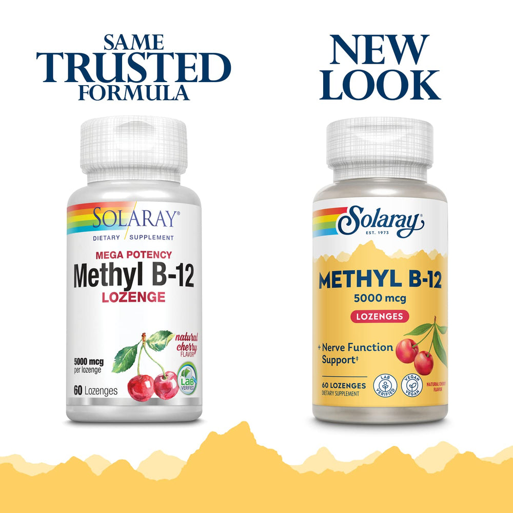 Solaray Methyl B12 lozenge cherry close-up showing tasty flavor for easy supplementation on the go.