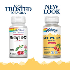 Solaray Methyl B12 lozenge cherry close-up showing tasty flavor for easy supplementation on the go.