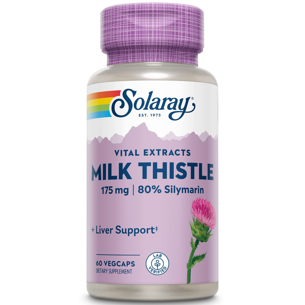 SOLARAY milk thistle bottle showing 175mg extract for daily liver support