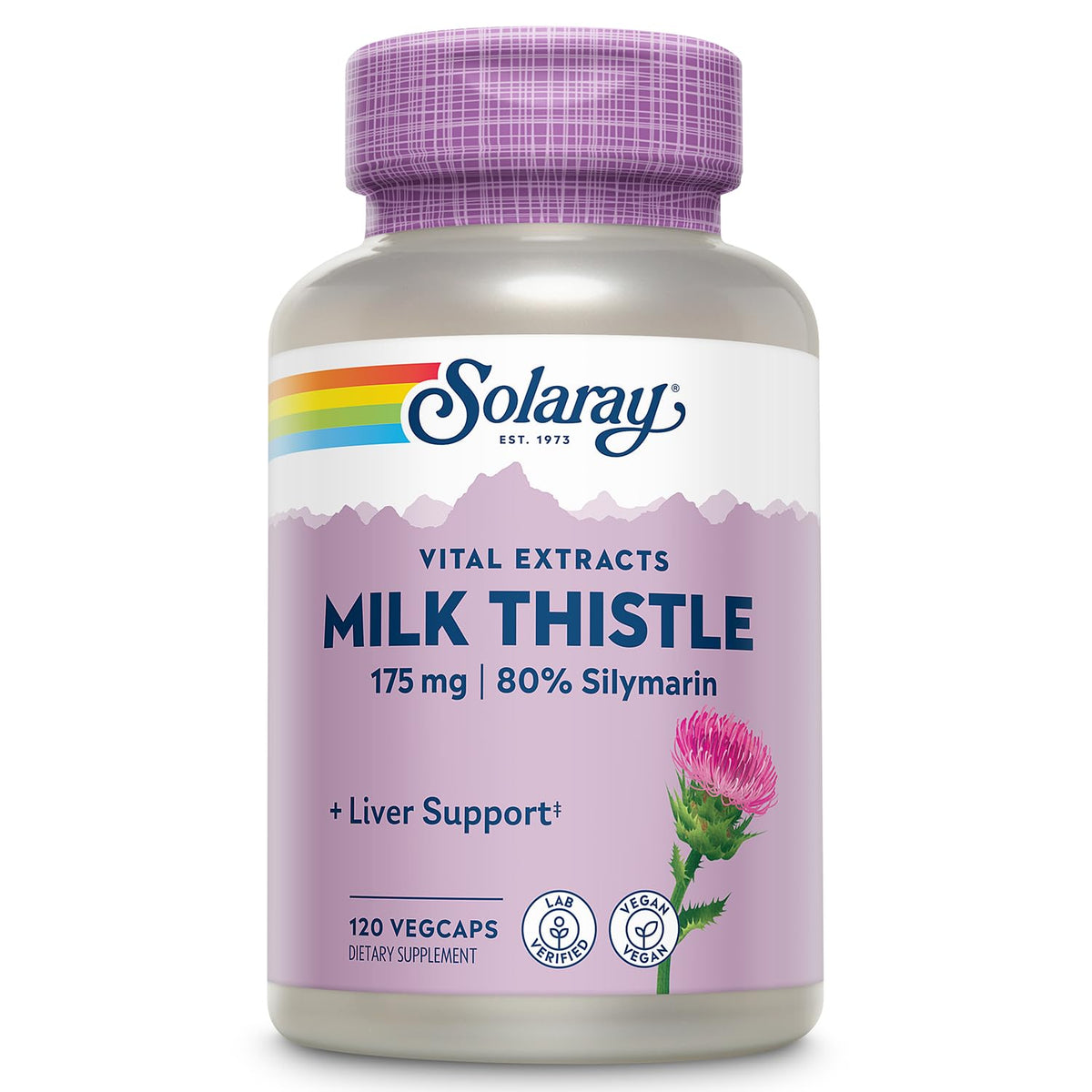 SOLARAY Milk Thistle Seed Extract bottle for daily liver support with vegan capsules.