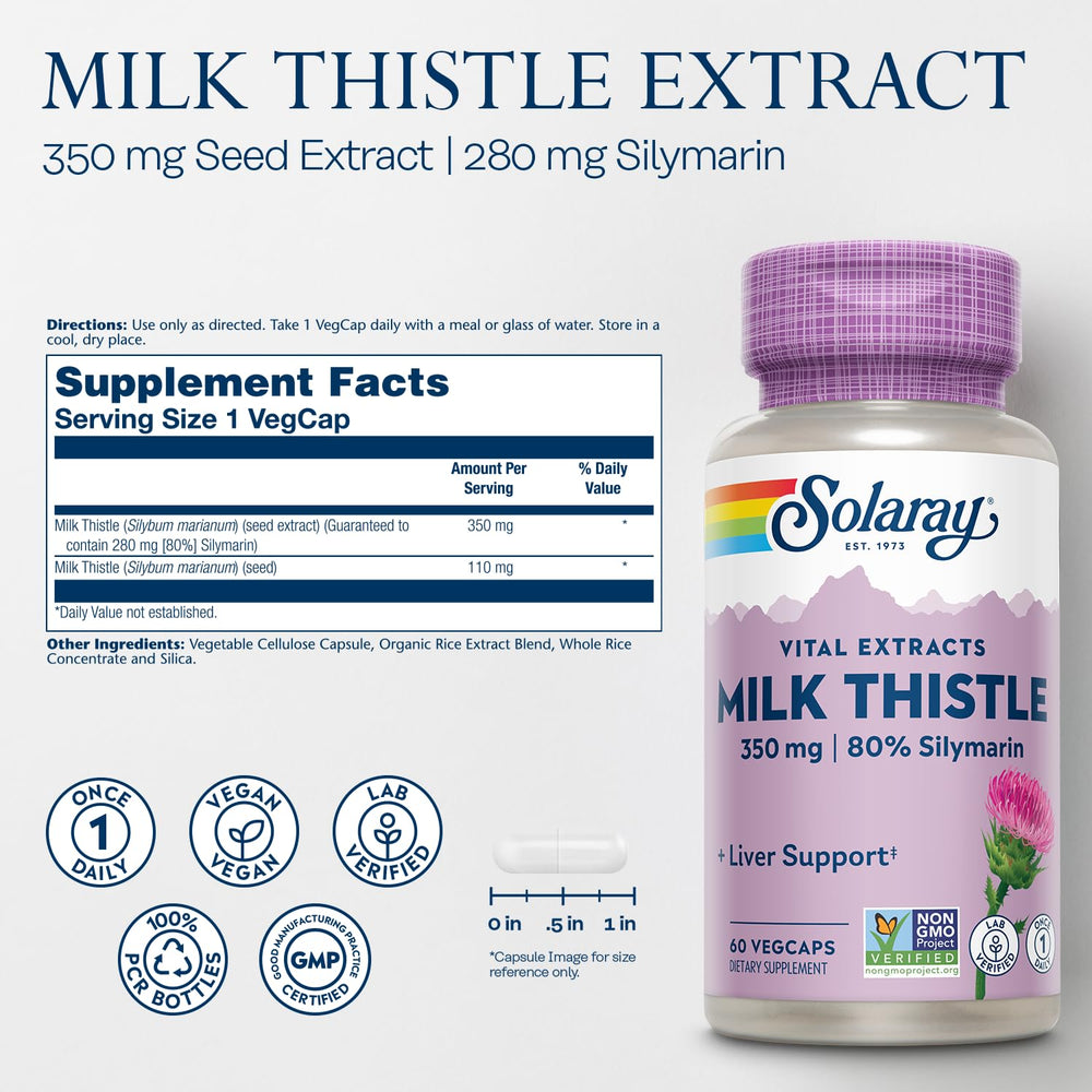 SOLARAY Milk Thistle capsules shown with clear daily serving.