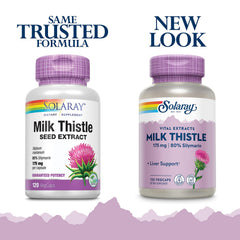 SOLARAY capsules show 140 mg silymarin per capsule for potent antioxidant support.