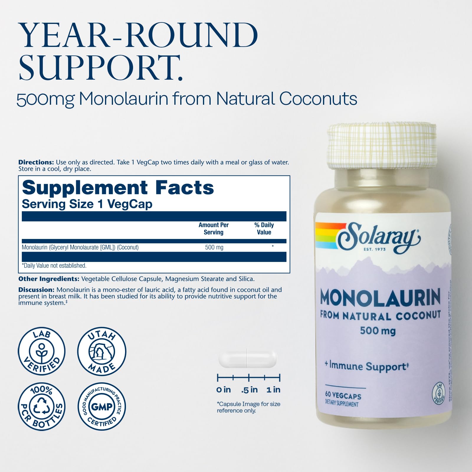 SOLARAY Monolaurin bottle on shelf with 60 capsules.