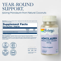 SOLARAY Monolaurin bottle on shelf with 60 capsules.