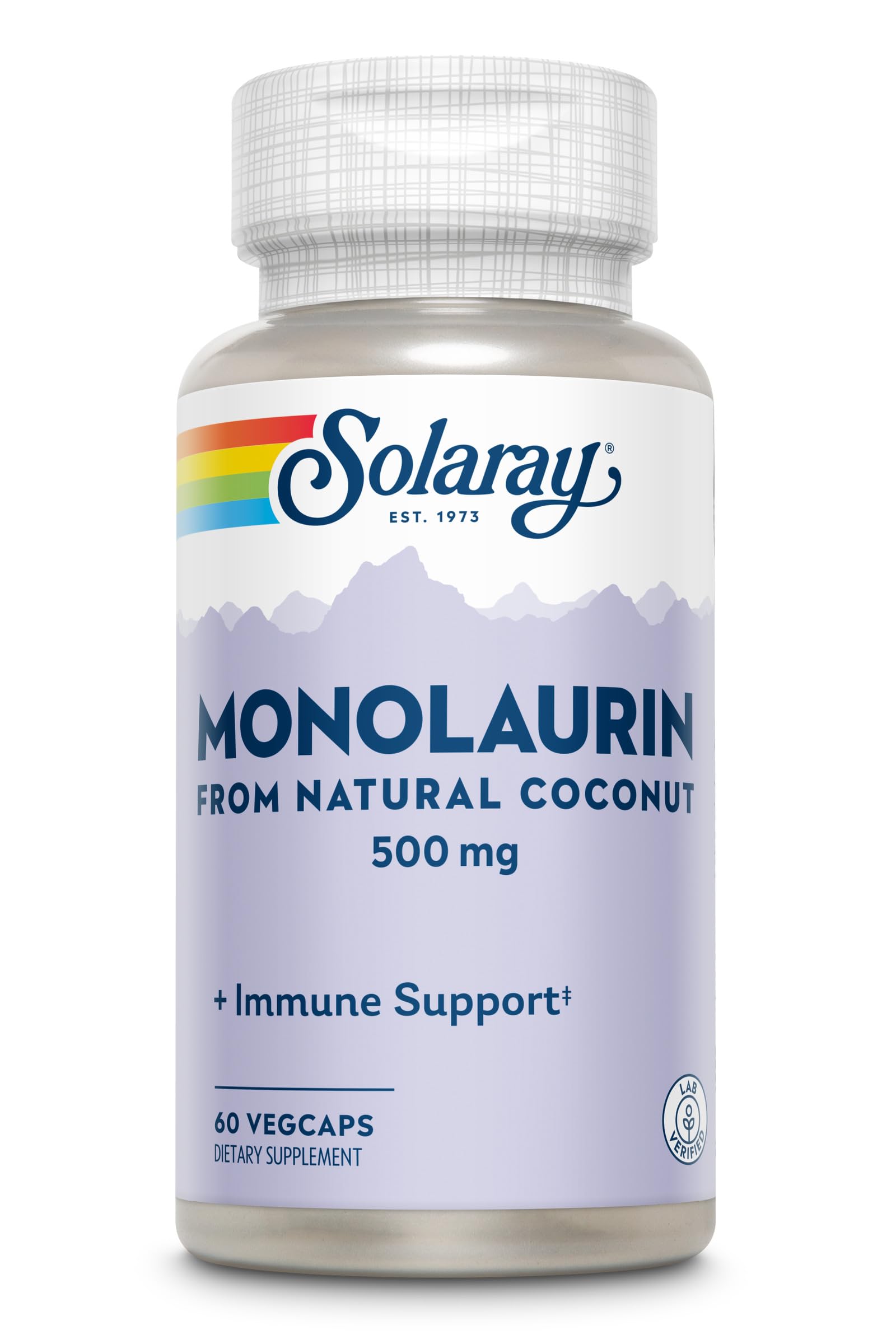 SOLARAY Monolaurin label on bottle communicates GMP quality.
