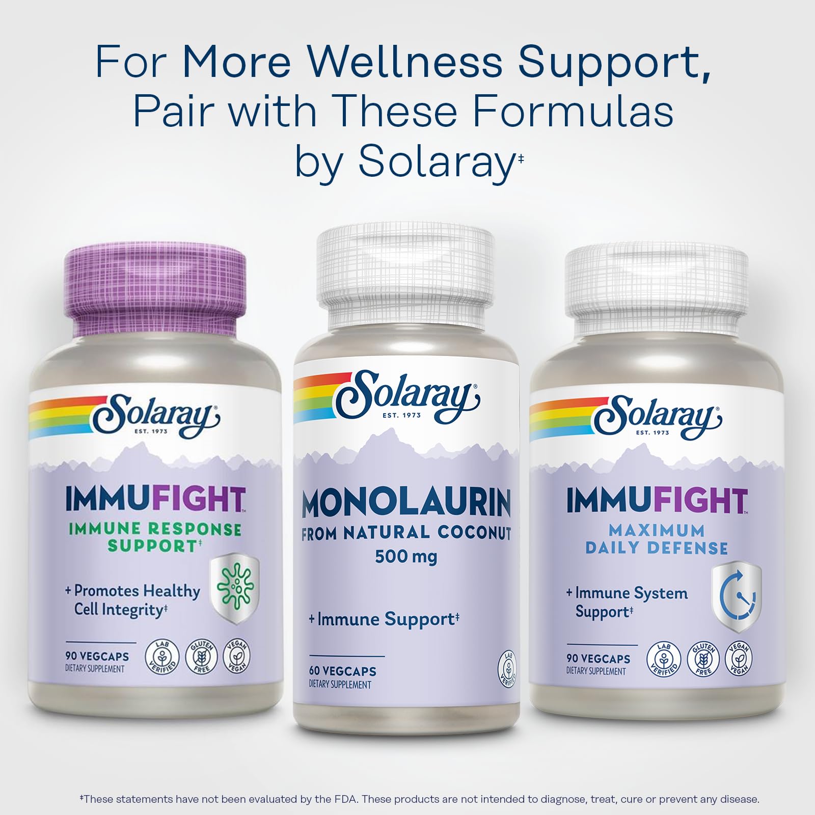 SOLARAY Monolaurin lab-testing badge signifies verified quality.
