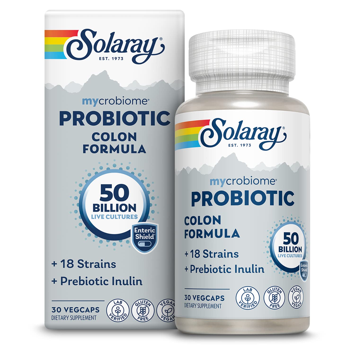 SOLARAY Mycrobiome bottle front with vegan probiotic formula for digestive support.
