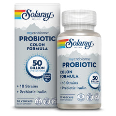 SOLARAY Mycrobiome bottle front with vegan probiotic formula for digestive support.