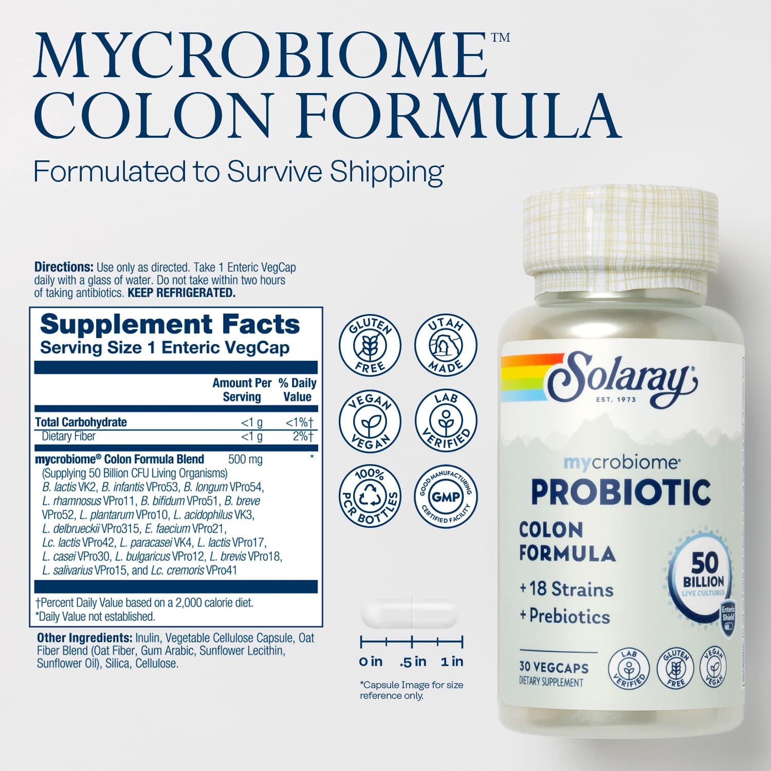 SOLARAY Mycrobiome capsules close-up highlighting 50 billion CFU and 18 strains.