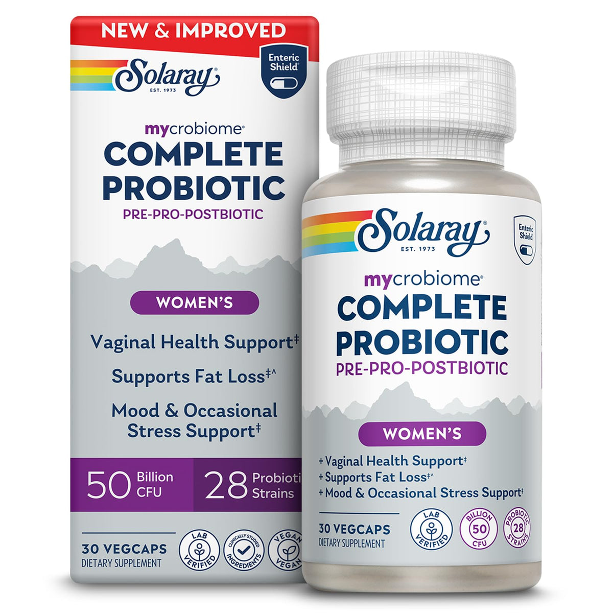 SOLARAY Mycrobiome Complete Probiotic Women’s Formula bottle supports digestion and vaginal balance throughout the day.