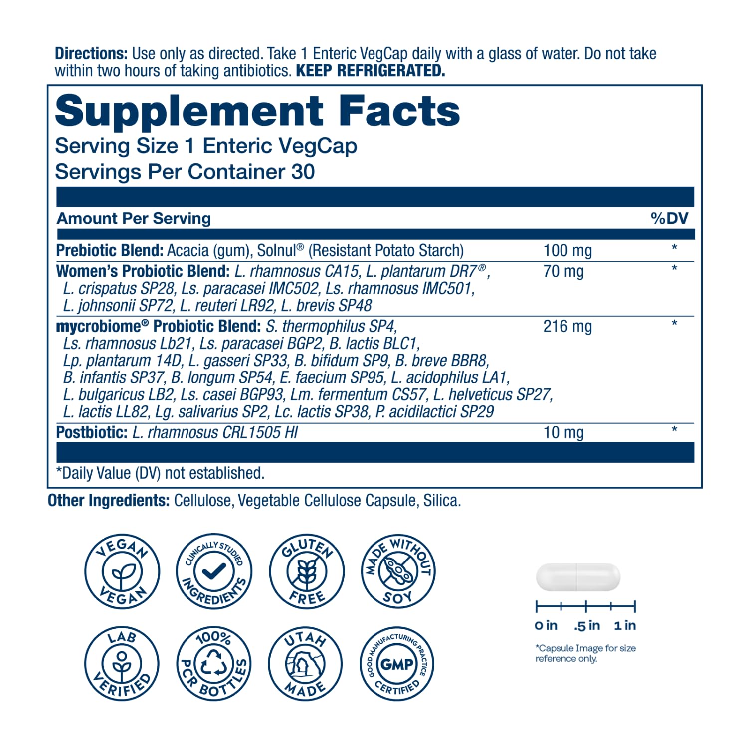 SOLARAY Mycrobiome Complete Probiotic Women’s Formula capsules close-up indicates Enteric Shield VegCaps delivering probiotics to the intestines.