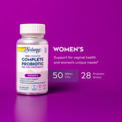 SOLARAY Mycrobiome Complete Probiotic Women’s Formula label highlights 50B CFU and 28 strains for daily support.