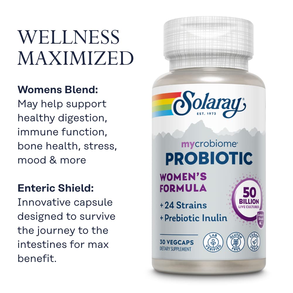 Label detail shows 24 strains and 50B CFU for SOLARAY Mycrobiome