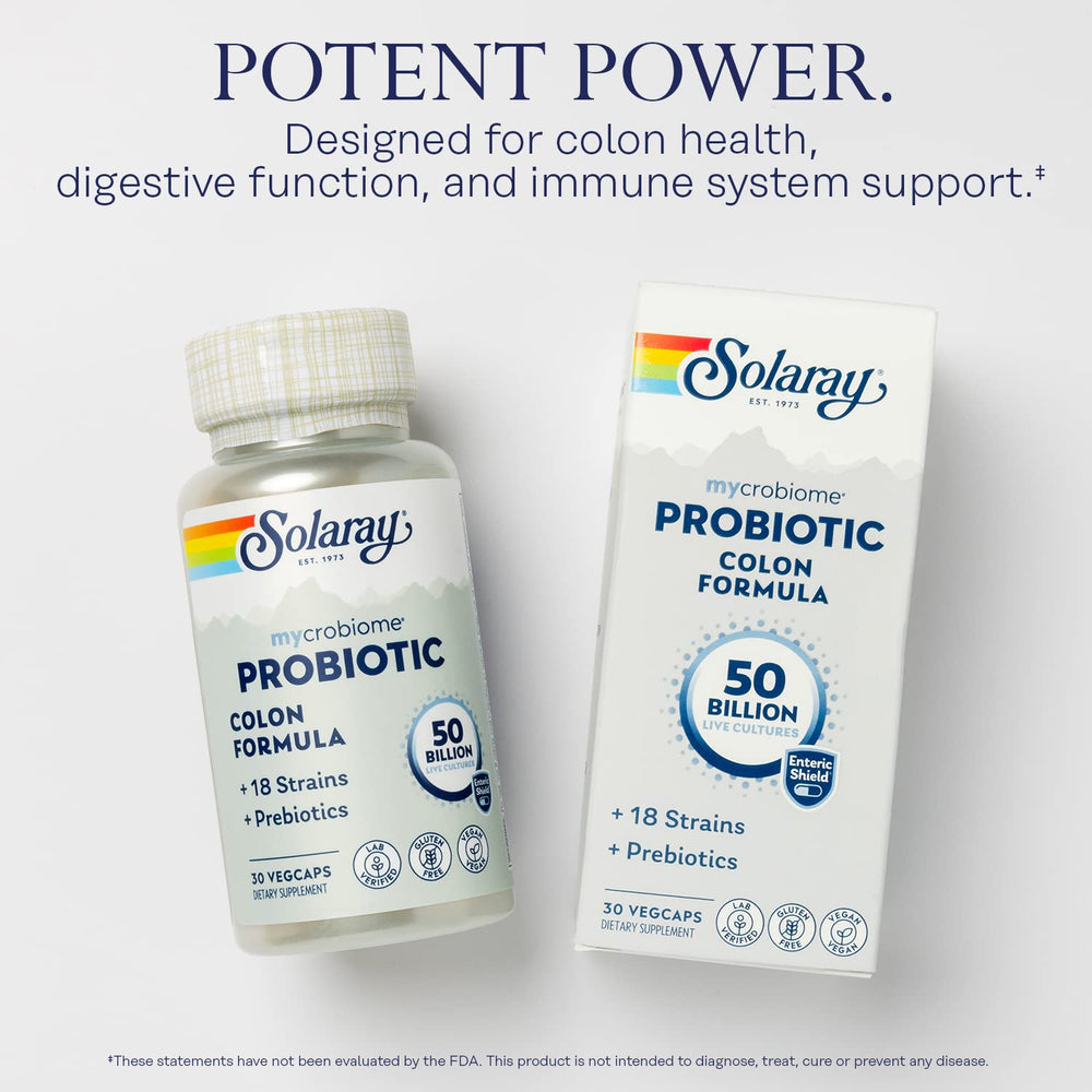 SOLARAY Mycrobiome label info shows vegan capsules and eco-friendly packaging.