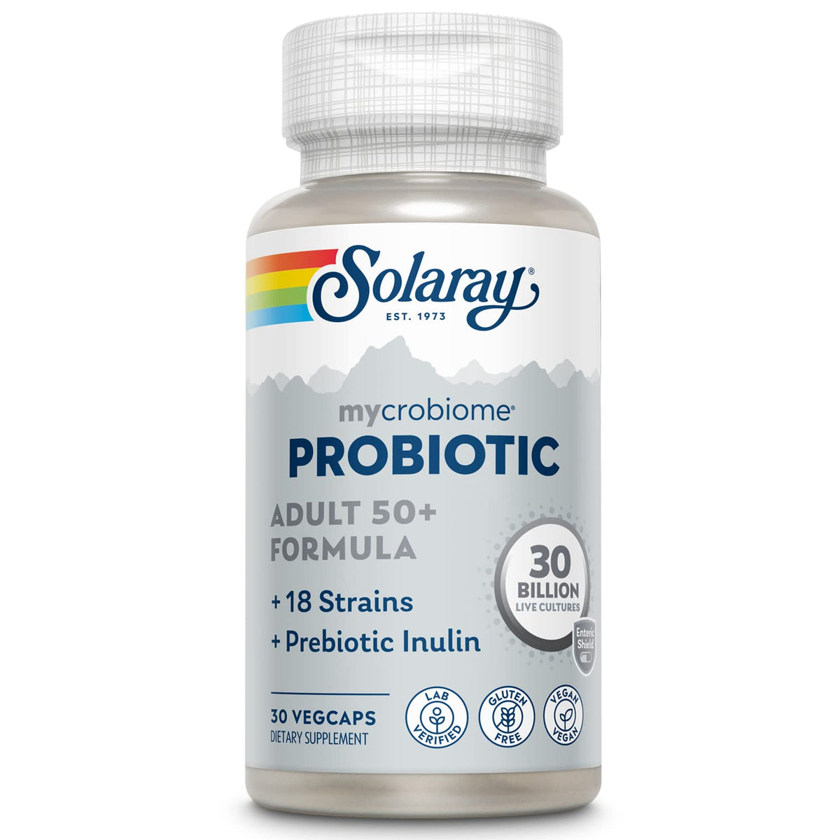 SOLARAY Mycrobiome probiotic bottle with 30B CFU for gut support.