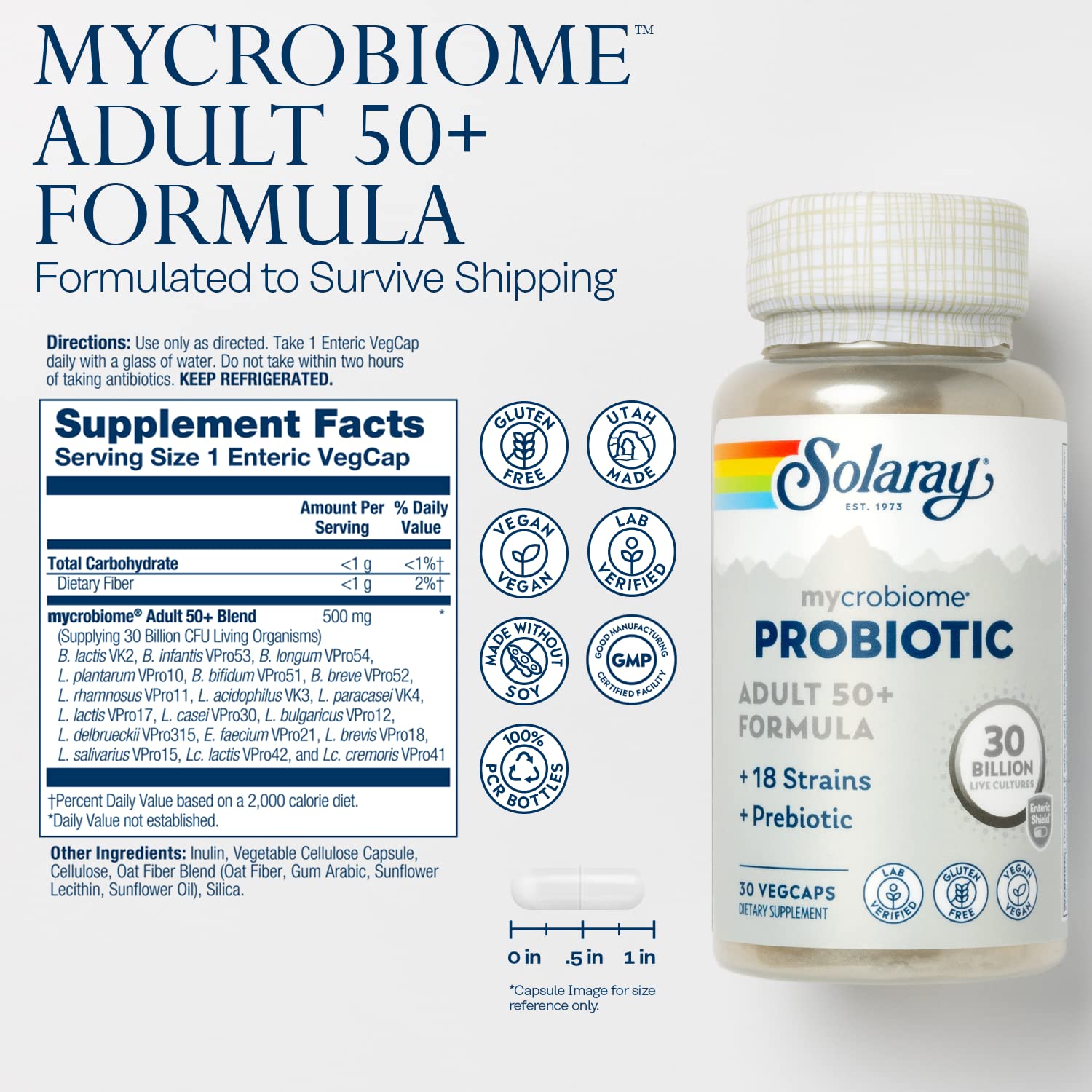SOLARAY Mycrobiome cap closeup shows enteric shield design.