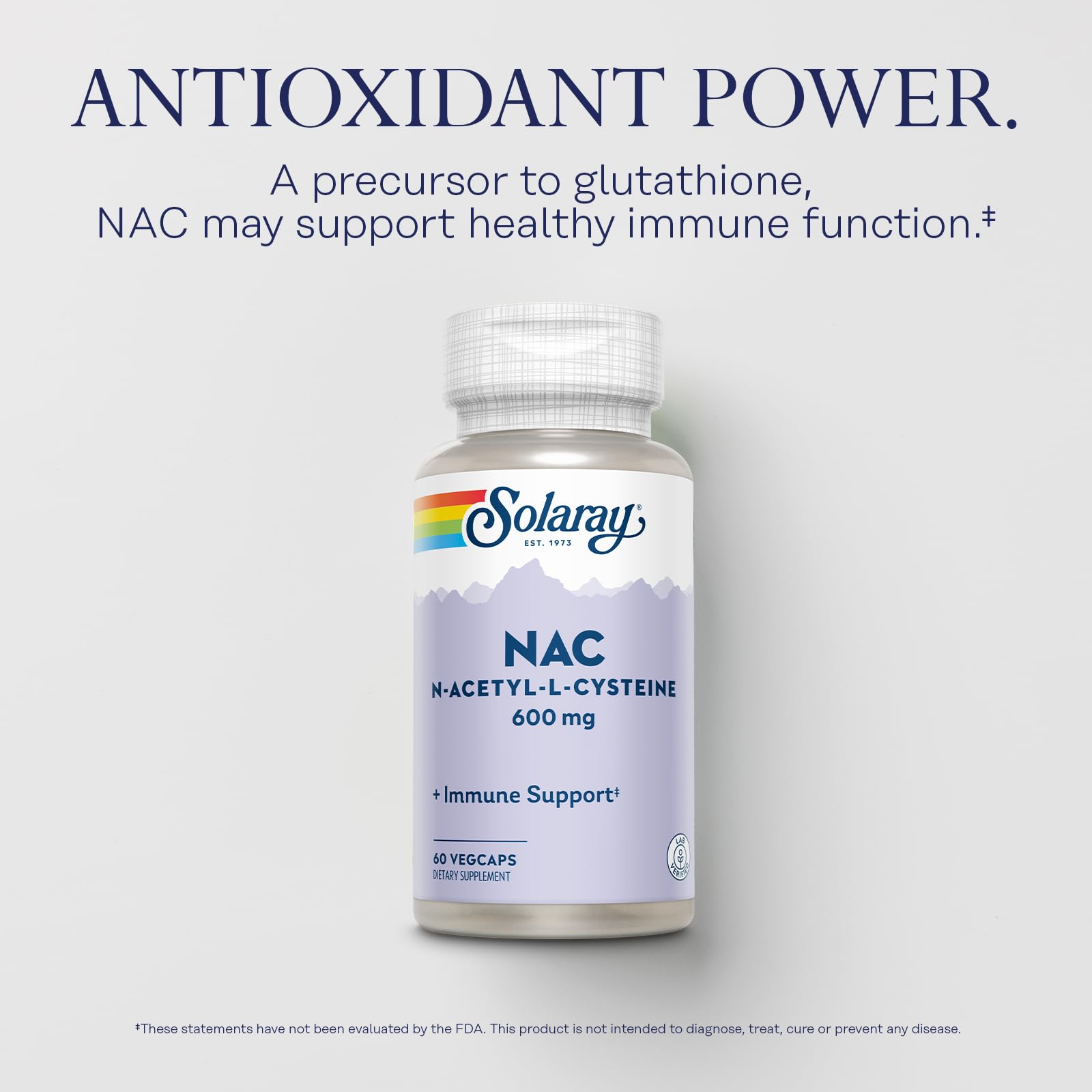 SOLARAY NAC label shows 600 mg per VegCap for immune-support routine.