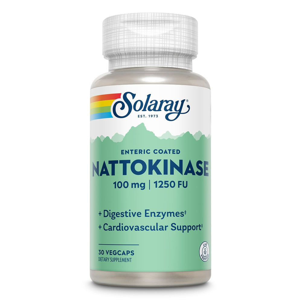 SOLARAY nattokinase bottle hero with enteric-coated capsules for circulation support.