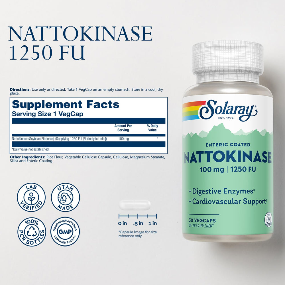 SOLARAY nattokinase capsule close-up highlighting 1250 FU dosage.