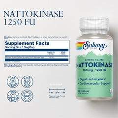 SOLARAY nattokinase capsule close-up highlighting 1250 FU dosage.