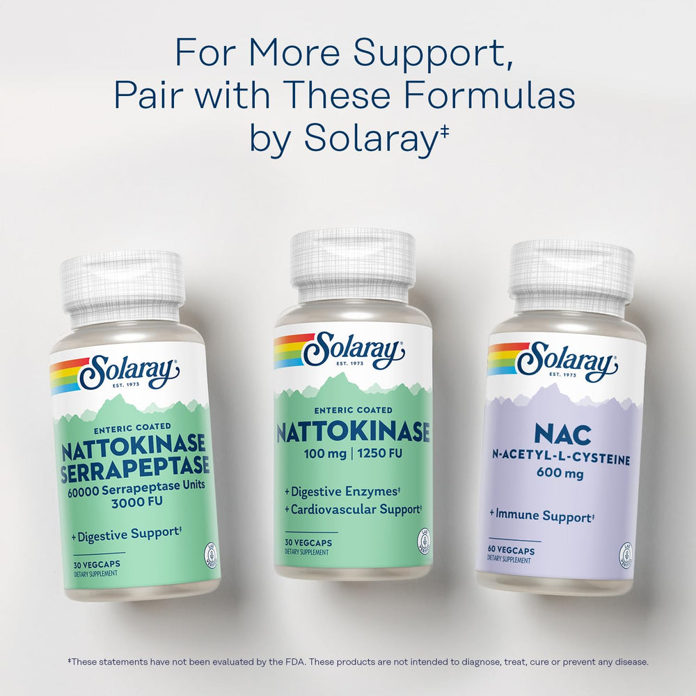SOLARAY nattokinase packaging label showcasing brand and product.