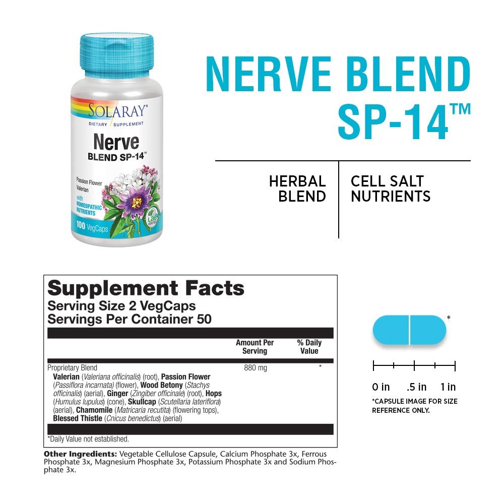 SOLARAY Nerve Blend SP-14 capsules-closeup showing vegan capsules for daily calm.