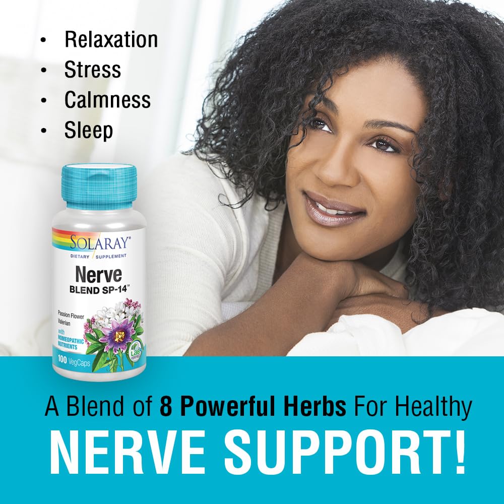 SOLARAY Nerve Blend SP-14 label-closeup highlighting vegan, non-GMO formula for gentle support.
