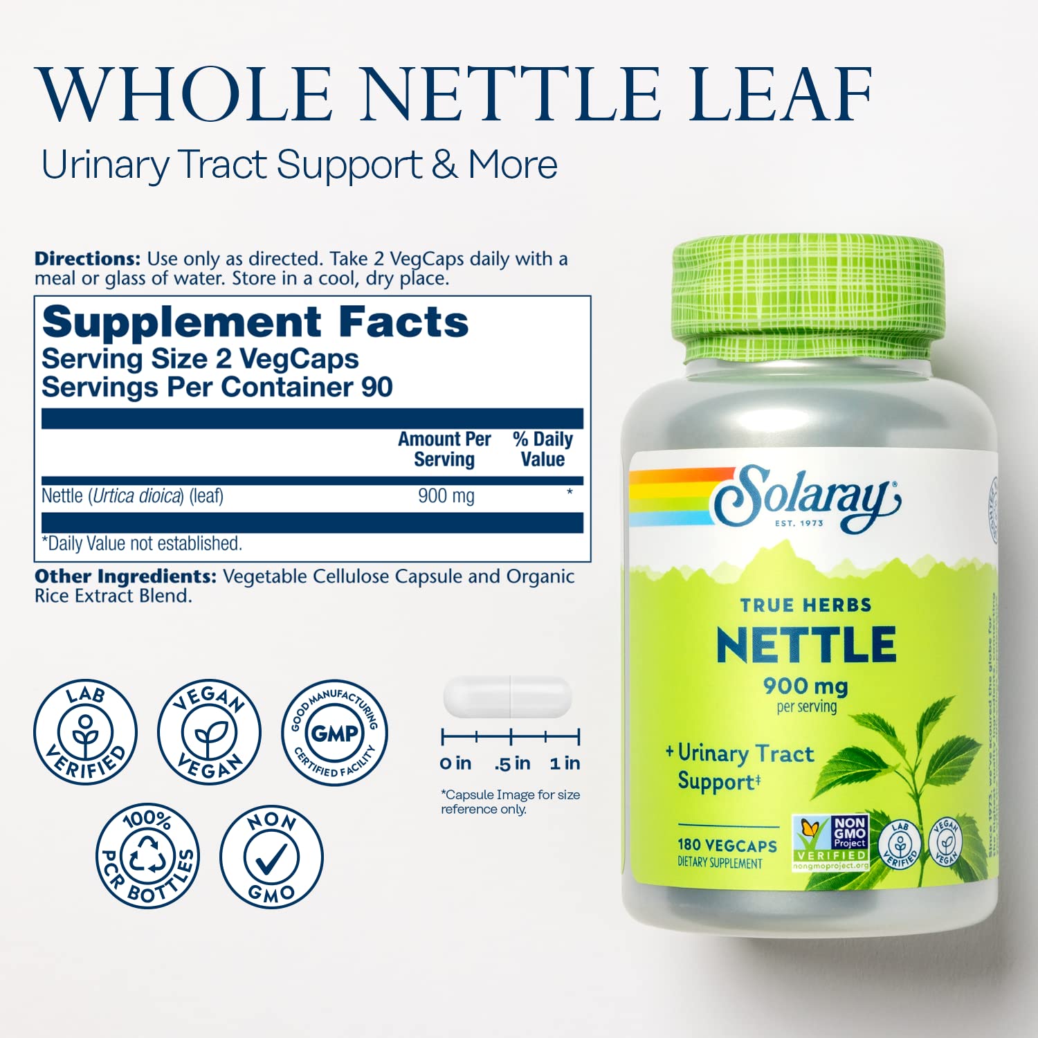 SOLARAY Nettle Leaf capsules close-up highlighting 180-count daily supplement.