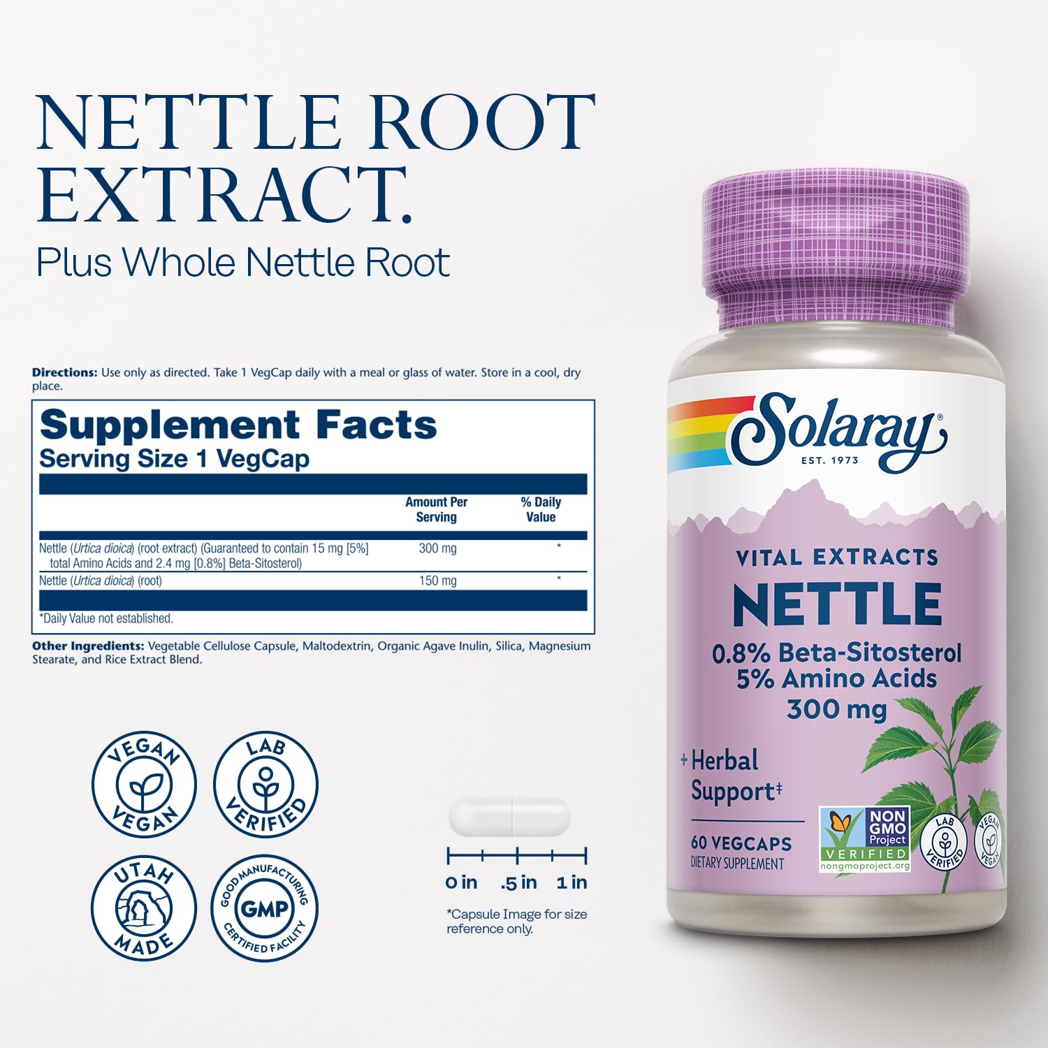 Solaray nettle root capsules close-up, daily urinary care.