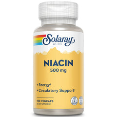 Solaray Niacin 500mg bottle front view highlighting vegan formula and potency