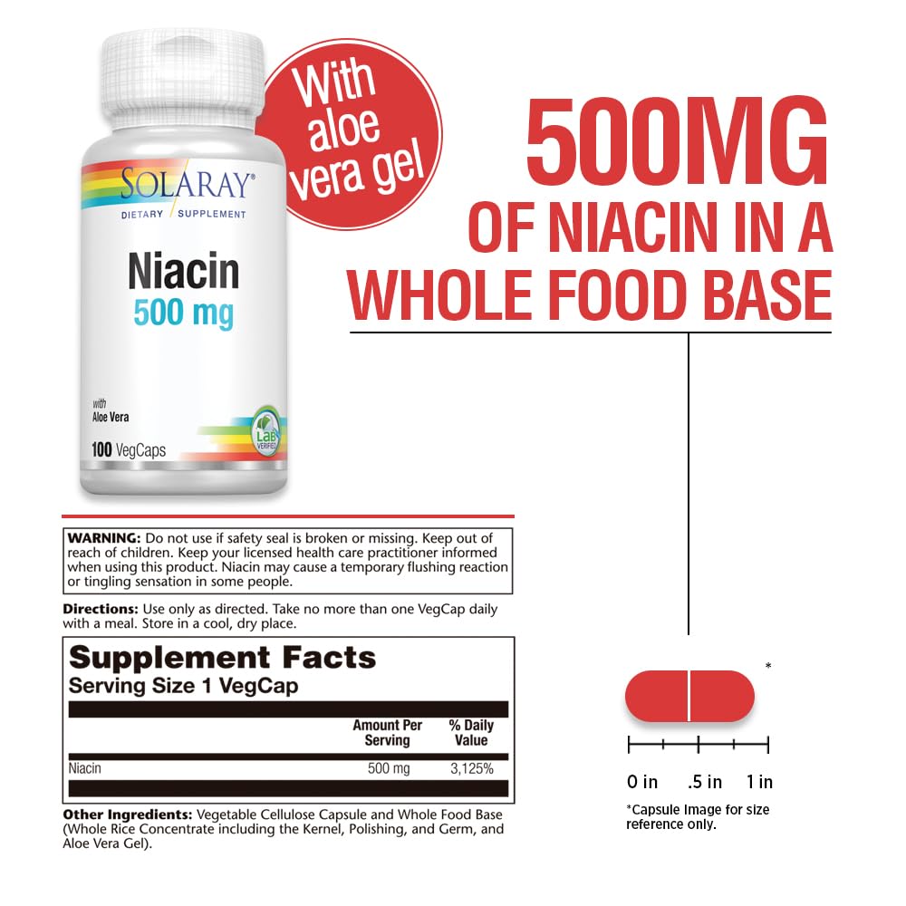Solaray Niacin 500mg tablets close-up showing smooth capsule texture and use case