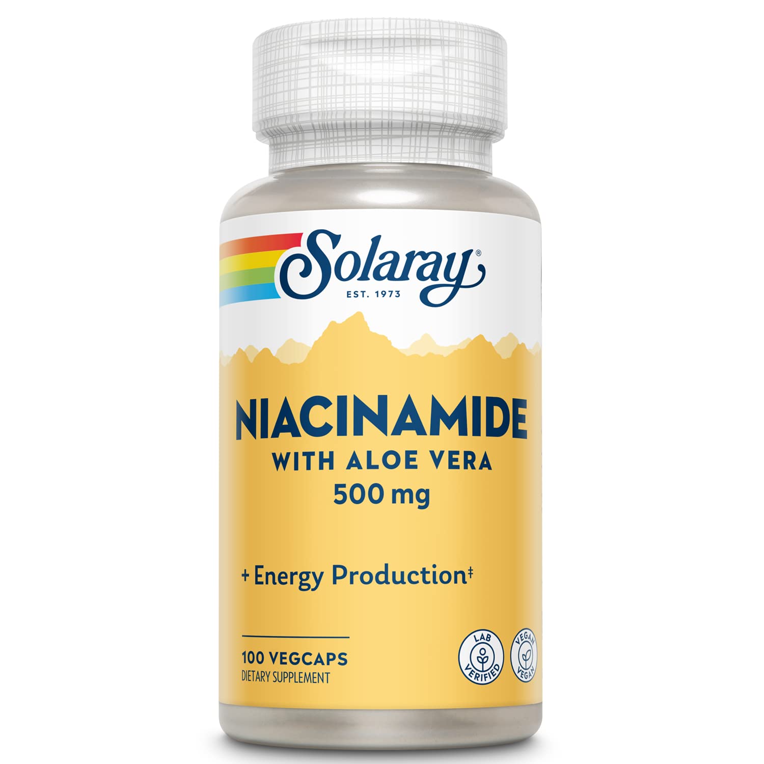 SOLARAY Niacinamide 500 mg bottle label highlighting non-flush B3 support