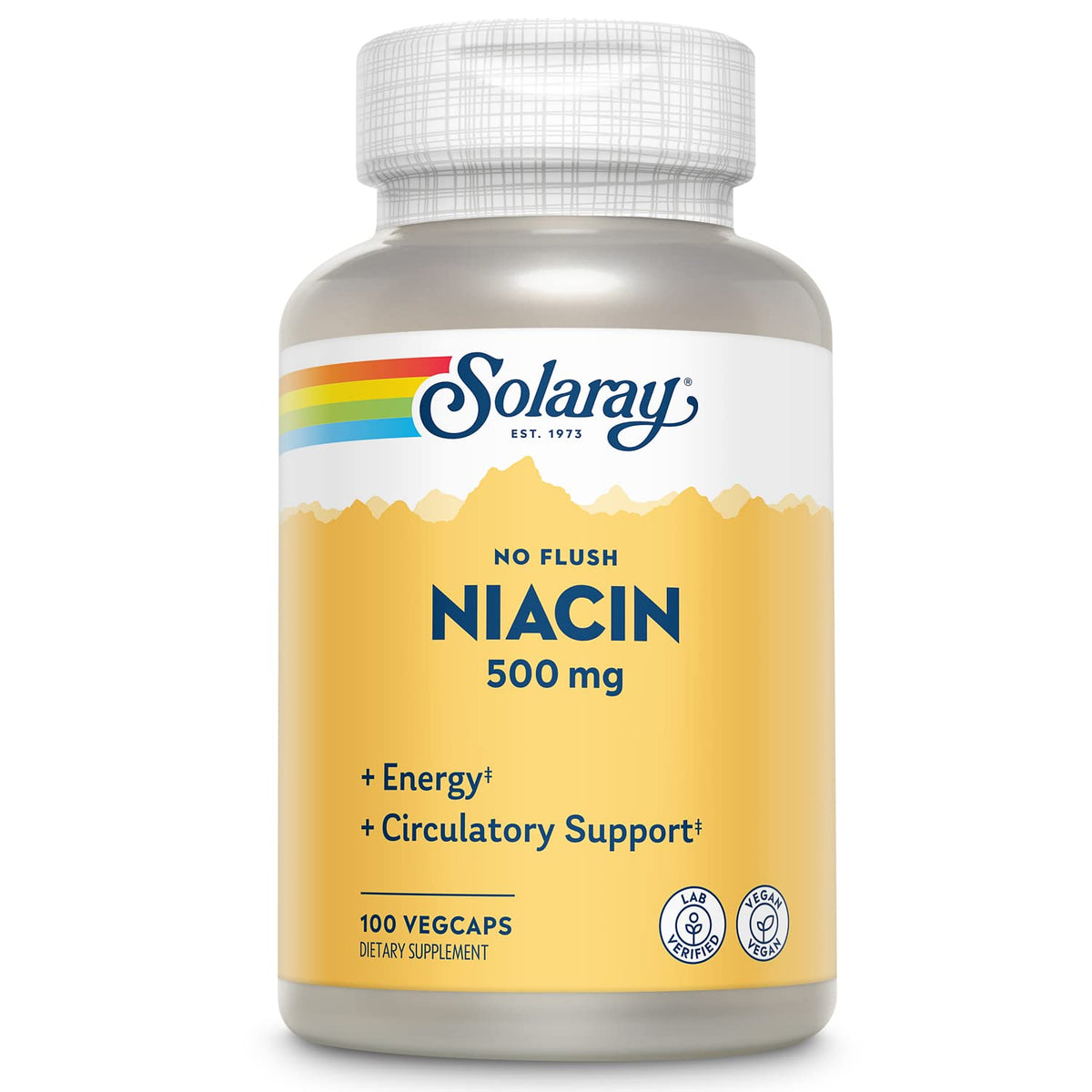 SOLARAY No Flush Niacin 500mg bottle shown for energy support