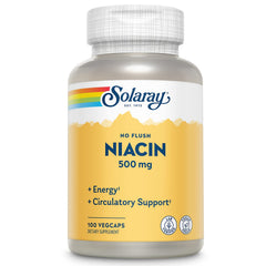 SOLARAY No Flush Niacin 500mg bottle shown for energy support