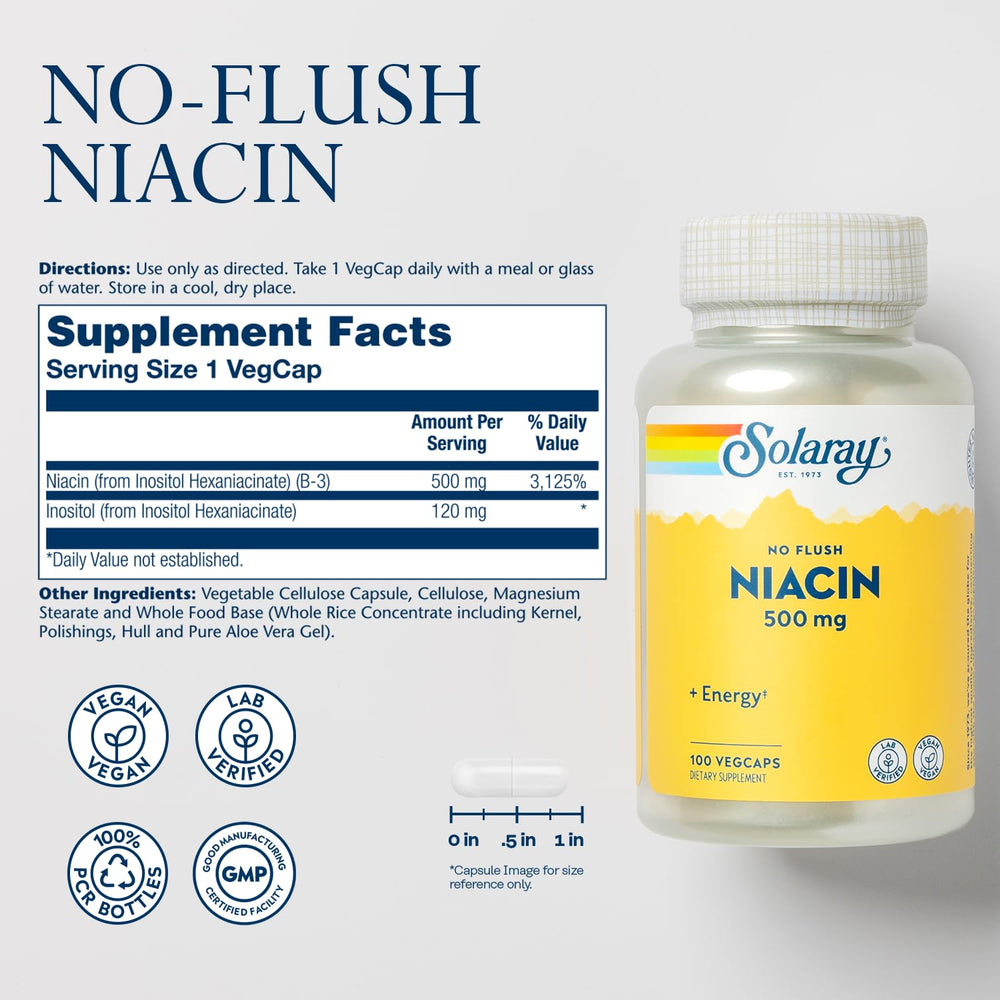 SOLARAY No Flush Niacin label highlights flush-free formula and vegan ingredients