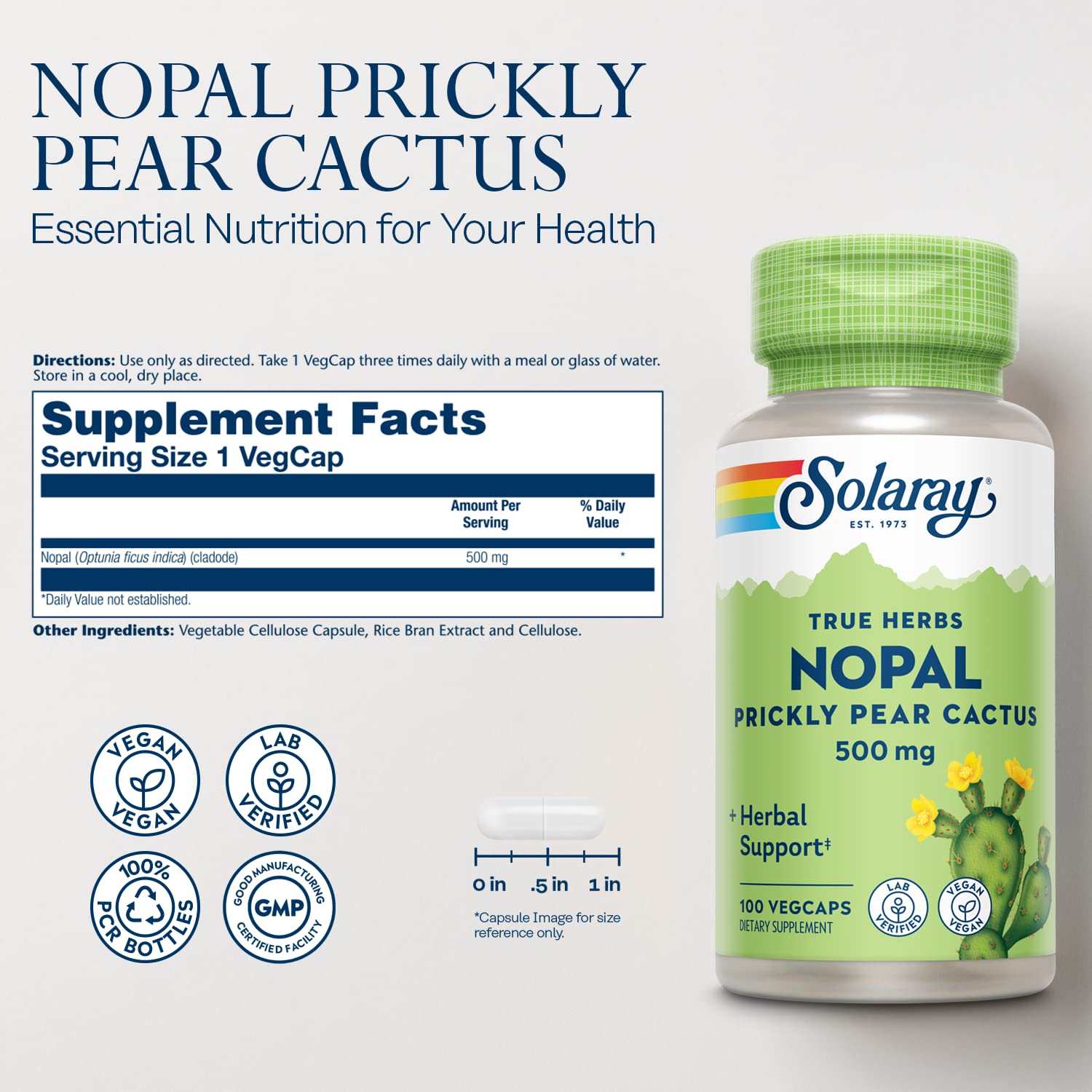 SOLARAY Nopal capsules 500 mg serving label closeup highlighting vegan, antioxidant-rich formulation.