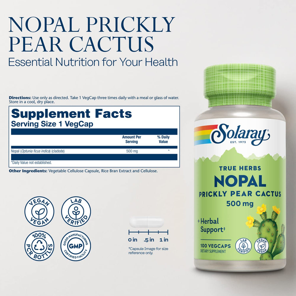 SOLARAY Nopal capsules 500 mg serving label closeup highlighting vegan, antioxidant-rich formulation.