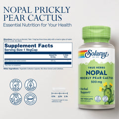 SOLARAY Nopal capsules 500 mg serving label closeup highlighting vegan, antioxidant-rich formulation.