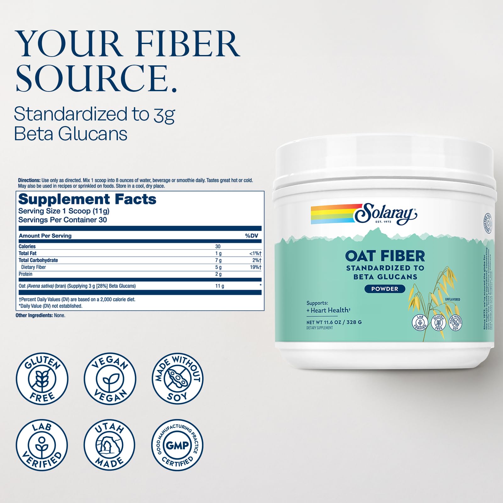 Solaray Oat Fiber powder scoop for precise, convenient serving.