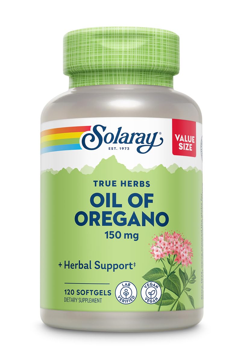 SOLARAY Oil of Oregano softgels bottle on a clean surface for year-round use.