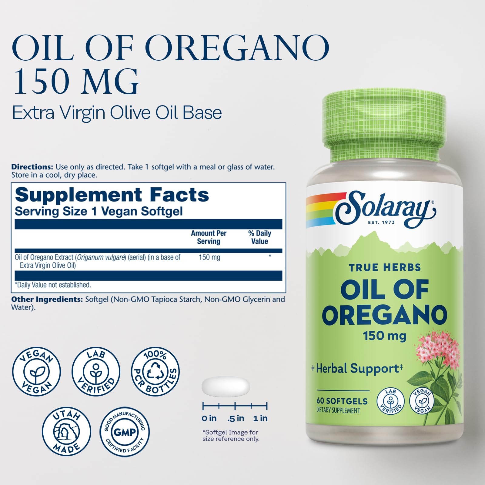 Close-up of Solaray oregano oil capsules highlighting carvacrol-rich formula