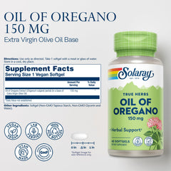 Close-up of Solaray oregano oil capsules highlighting carvacrol-rich formula