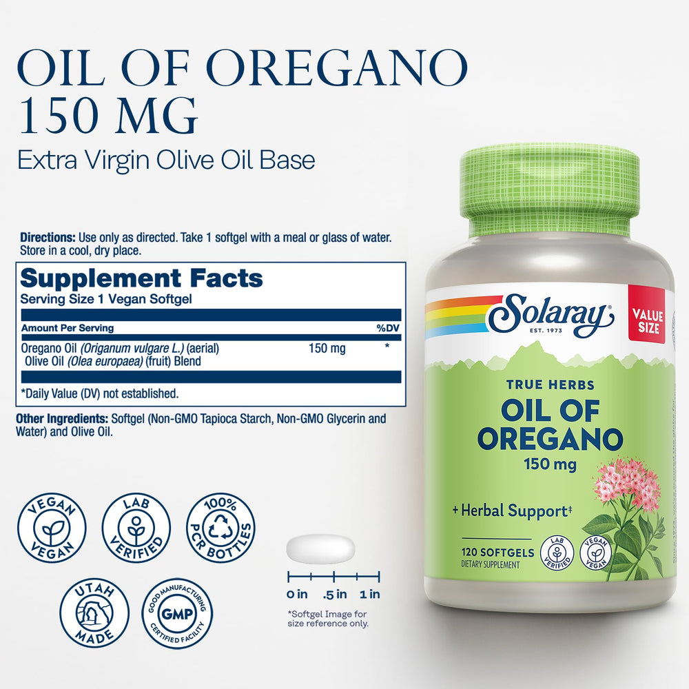 Close-up of SOLARAY label showing 150 mg oregano per softgel.