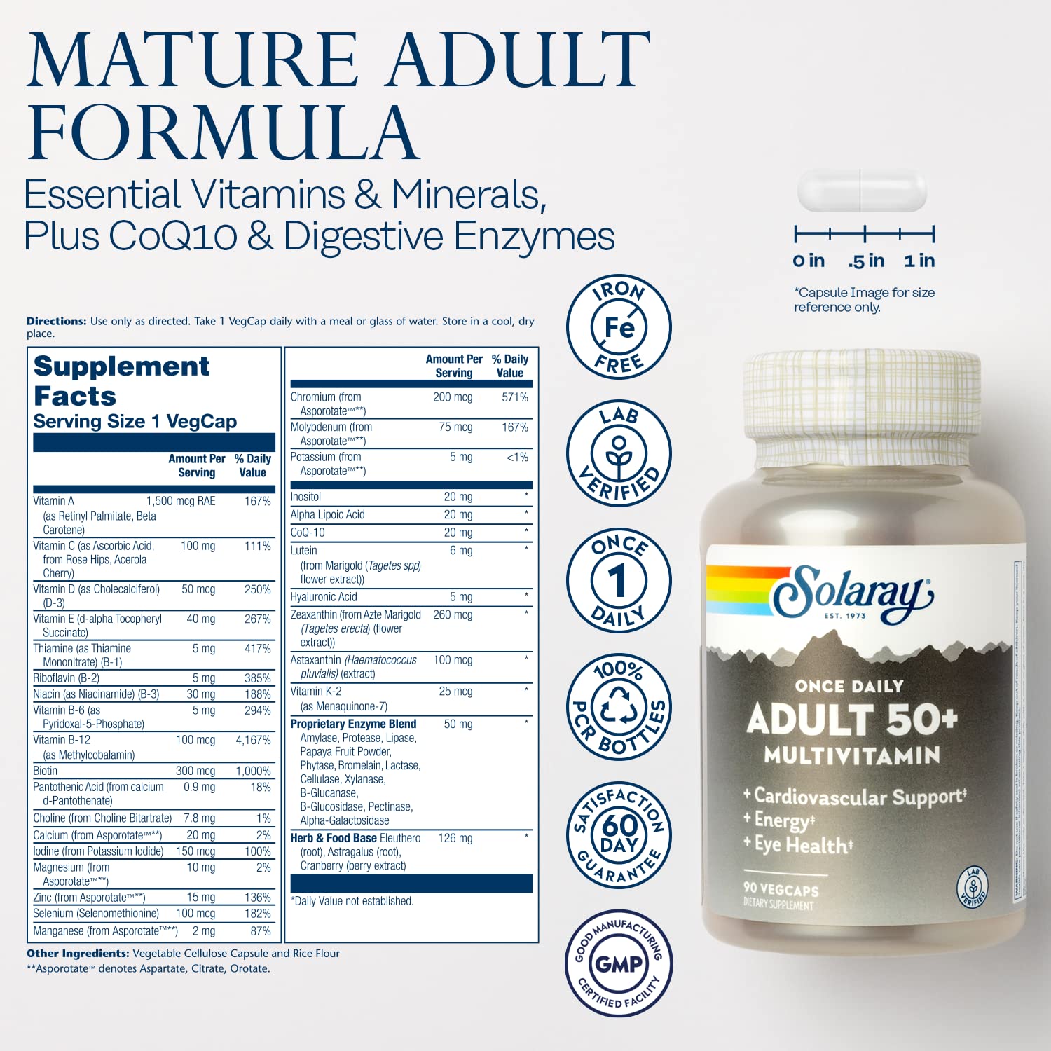 SOLARAY 50+ multivitamin capsules close-up supports heart and bone health.