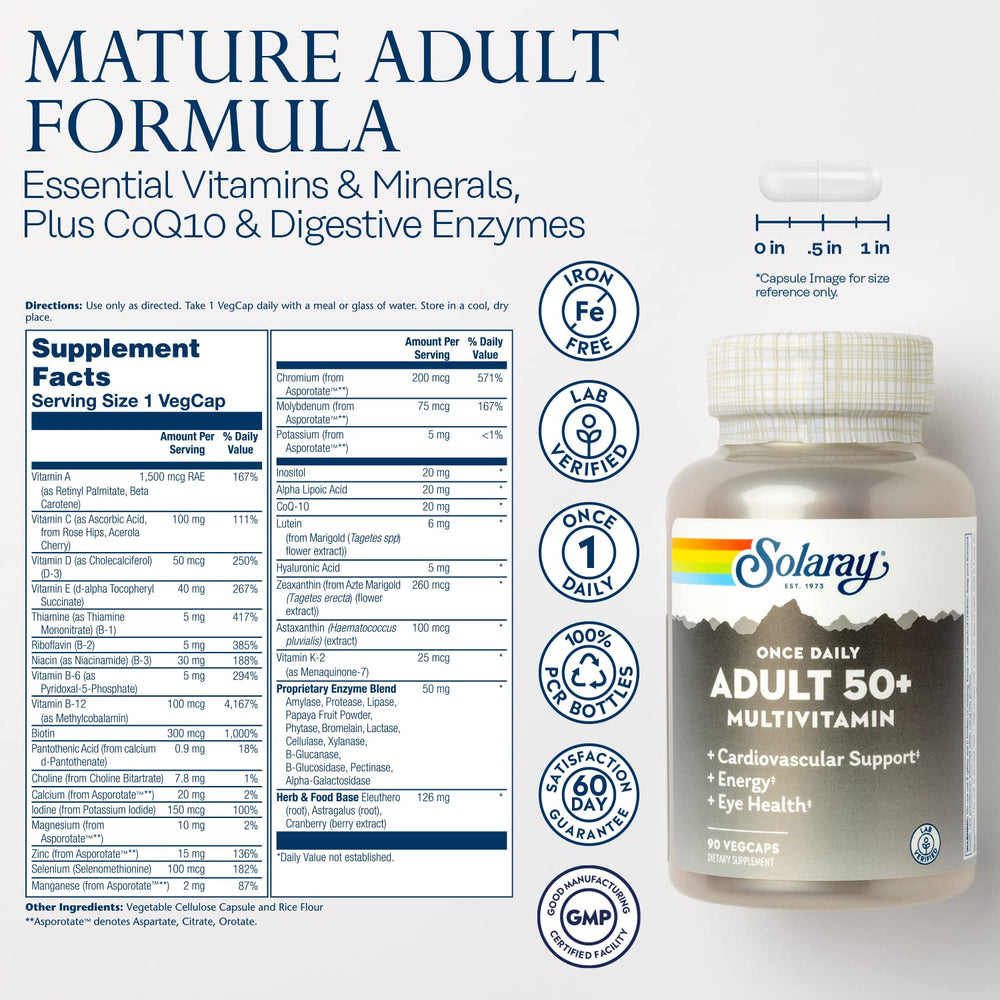SOLARAY 50+ multivitamin capsules close-up supports heart and bone health.
